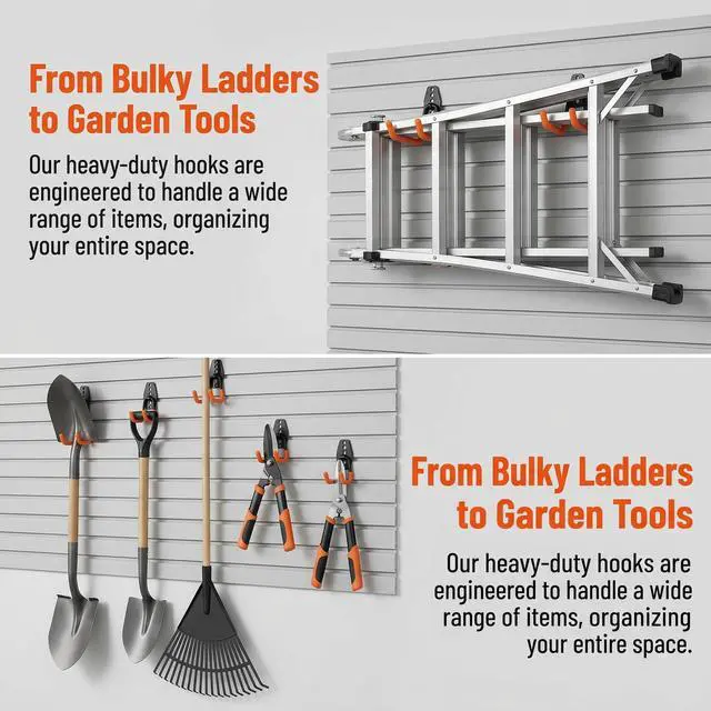 Alt view image 5 of 7 - 16 Pack Garage Hooks Heavy Duty, Industrial Wall Mount Garage Storage Hooks for Hanging Bike, Ladder and Garden Tools, Organization System with Mop Broom Holders, 100 LBS Capacity, Orange