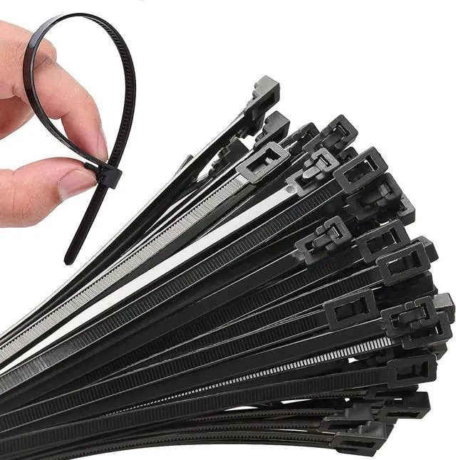 Main image of 100Pcs Heavy Duty Industrial 14Inch Zip Toes Releasable Black Cable Ties Nylon Adjustable Tie wrap Reusable Zip Toes Tie Straps For Garden Plant Secure Vine Home Office Use