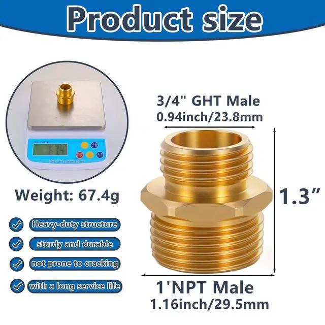 Alt view image 2 of 7 - 1" NPT Male to 3/4" GHT Male Connector, Solid Brass Garden Hose Adapter, Industrial Metal Brass Garden Hose to Pipe Fittings Connect (2 Pack)