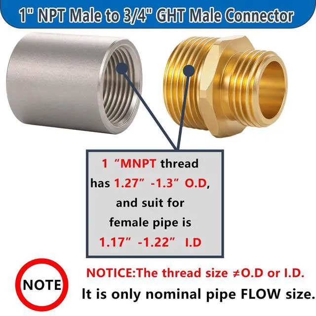 Alt view image 4 of 7 - 1" NPT Male to 3/4" GHT Male Connector, Solid Brass Garden Hose Adapter, Industrial Metal Brass Garden Hose to Pipe Fittings Connect (2 Pack)