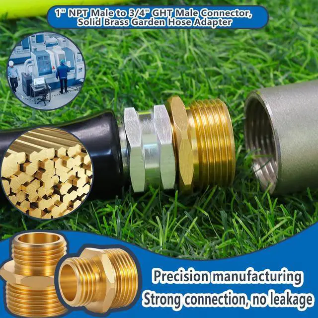 Alt view image 5 of 7 - 1" NPT Male to 3/4" GHT Male Connector, Solid Brass Garden Hose Adapter, Industrial Metal Brass Garden Hose to Pipe Fittings Connect (2 Pack)
