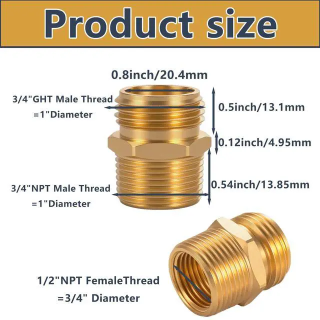 Alt view image 2 of 7 - 3/4" GHT male thread x 3/4" NPT male thread fitting or 1/2" NPT female thread, Solid brass garden hose fitting, adapter, industrial metal brass garden hose to tubing connection (2-pack)