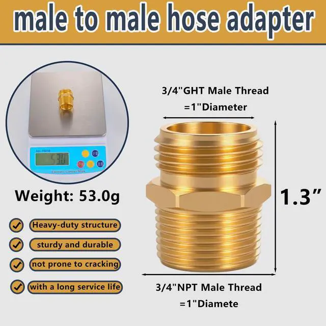 Alt view image 4 of 7 - 3/4" GHT male thread x 3/4" NPT male thread fitting or 1/2" NPT female thread, Solid brass garden hose fitting, adapter, industrial metal brass garden hose to tubing connection (2-pack)