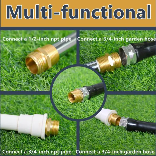 Alt view image 6 of 7 - 3/4" GHT male thread x 3/4" NPT male thread fitting or 1/2" NPT female thread, Solid brass garden hose fitting, adapter, industrial metal brass garden hose to tubing connection (2-pack)