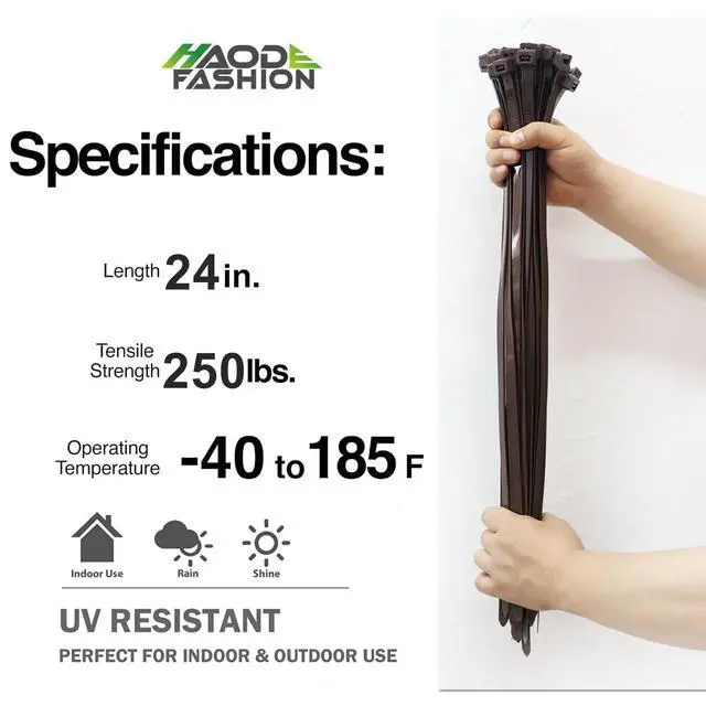 Alt view image 4 of 7 - Cable Ties 24 Inch, Brown Zip Ties 25 Pieces, Thick 0.47 inch 250 Pounds Strength, Heavy Duty Outdoor Plastic Ties for Indoor Plants, Garden, Home (24inch, Brown Color, 25 pcs)