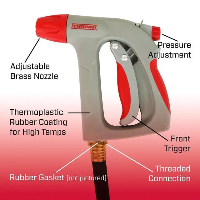 Alt view image 2 of 6 - High Temp, High Pressure Front Grip Spray Nozzle with Threaded Connection, Rated Up to 160°F and 125 PSI, Red/Black