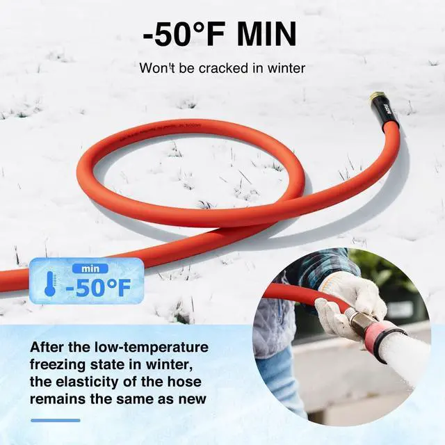 Alt view image 3 of 7 - 5/8" Hot/Cold Rubber Garden Water Hose 50 ft, -50-190, 200psi Working, 600psi Burst, Flexible & Lightweight With 3/4" Brass Fittings for Yard, Outdoor, Farm, Agriculture, Construction, Red