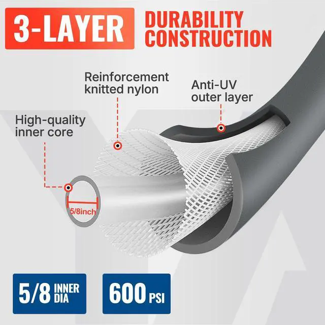 Alt view image 2 of 7 - Heavy Duty Garden Hose 5/8 in x 60 ft with Swivel Handle, Super Flexible Water Hose, All-weather, Lightweight, Burst 600 PSI, Gray