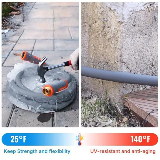 Alt view image 6 of 7 - Heavy Duty Garden Hose 5/8 in x 60 ft with Swivel Handle, Super Flexible Water Hose, All-weather, Lightweight, Burst 600 PSI, Gray
