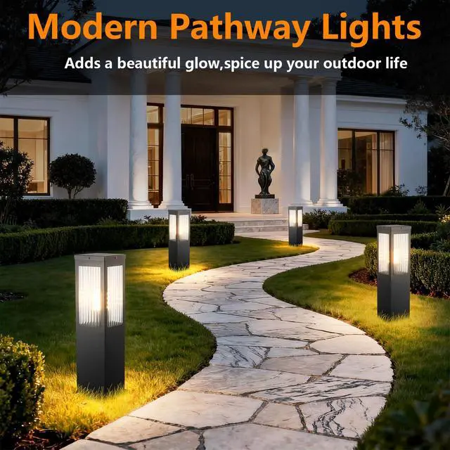 Alt view image 3 of 7 - Outdoor Landscape Path Light Stainless Steel Waterproof Bollard Lighting Hardwired E26 Glass Post Pillar Lights Black Modern Lawn Lighting Outside House Pathway Lamp For Garden Patio Yard Street Light