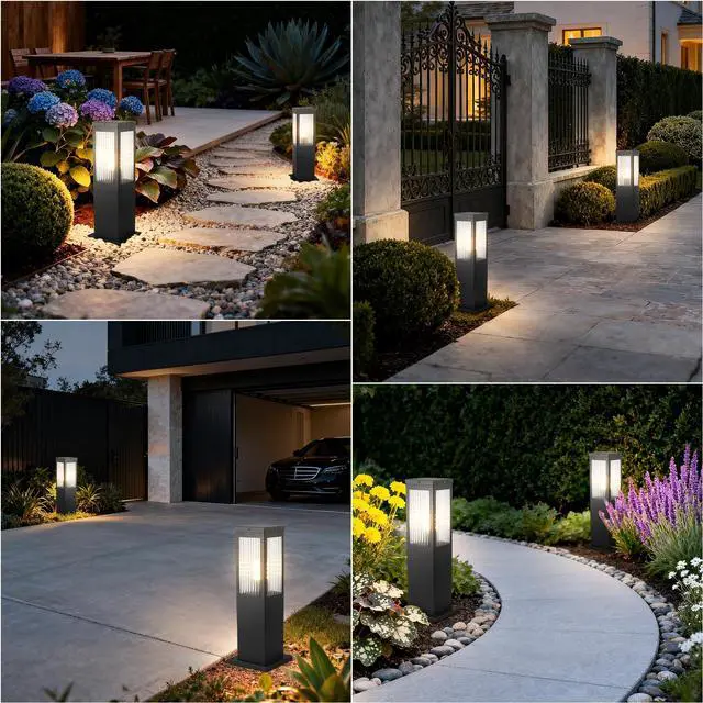 Alt view image 5 of 7 - Outdoor Landscape Path Light Stainless Steel Waterproof Bollard Lighting Hardwired E26 Glass Post Pillar Lights Black Modern Lawn Lighting Outside House Pathway Lamp For Garden Patio Yard Street Light