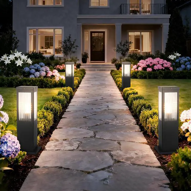 Alt view image 7 of 7 - Outdoor Landscape Path Light Stainless Steel Waterproof Bollard Lighting Hardwired E26 Glass Post Pillar Lights Black Modern Lawn Lighting Outside House Pathway Lamp For Garden Patio Yard Street Light
