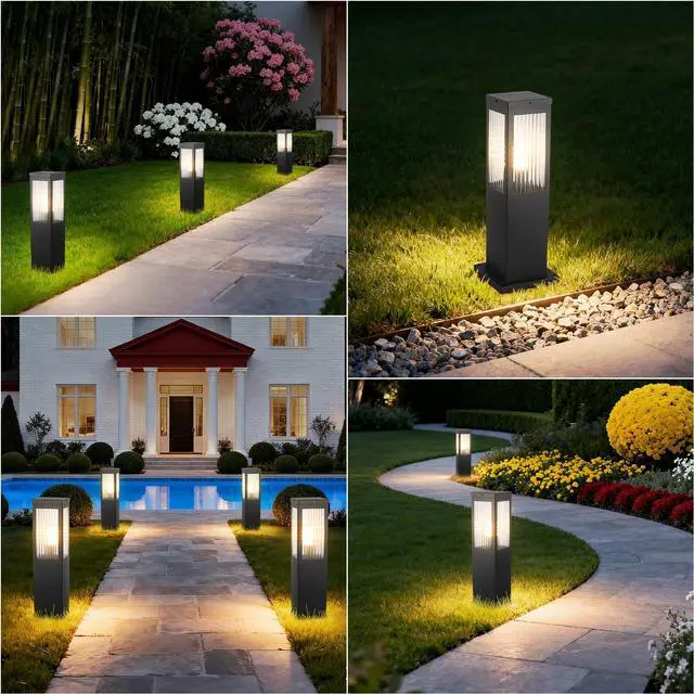 Alt view image 6 of 7 - Outdoor Landscape Path Light Stainless Steel Waterproof Bollard Lighting Hardwired E26 Glass Post Pillar Lights Black Modern Lawn Lighting Outside House Pathway Lamp For Garden Patio Yard Street Light