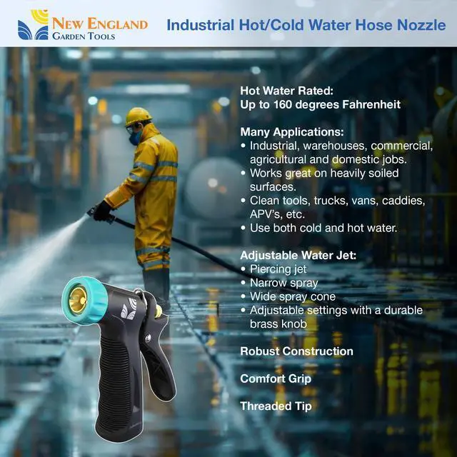 Alt view image 4 of 6 - Industrial Hot/Cold Water Jet Hose Nozzle 500012 with Threaded Tip, Rear Trigger and Comfort Grip by New England Garden Tools for Cleaning Kitchens & Work Sites, Watering Plants & Yards, Washing Cars