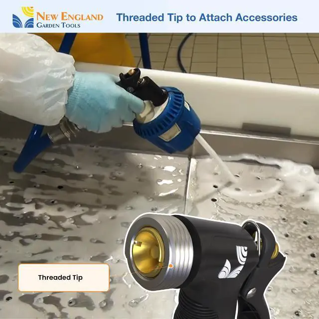 Alt view image 5 of 6 - Industrial Hot/Cold Water Jet Hose Nozzle 500012 with Threaded Tip, Rear Trigger and Comfort Grip by New England Garden Tools for Cleaning Kitchens & Work Sites, Watering Plants & Yards, Washing Cars