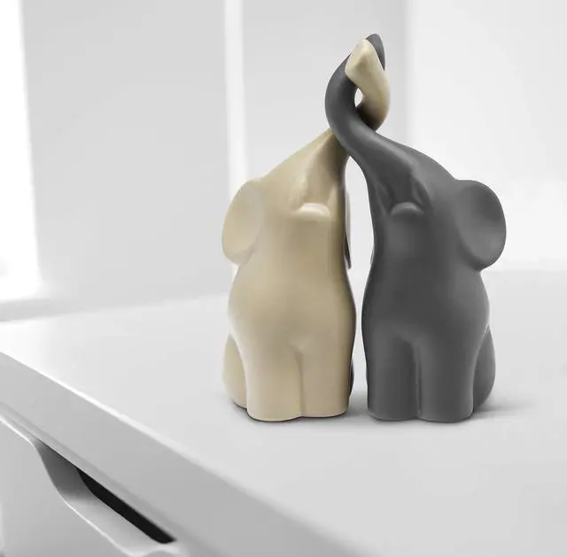 Alt view image 2 of 7 - Loving Pair of Elephants in Beige & Grey - Modern Ceramic Sculpture - Figurine as a Set - Decoration Figure 6.3" high - Ornament Elephant in Love