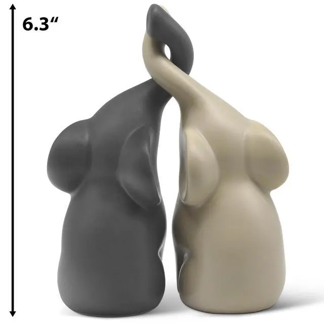 Alt view image 4 of 7 - Loving Pair of Elephants in Beige & Grey - Modern Ceramic Sculpture - Figurine as a Set - Decoration Figure 6.3" high - Ornament Elephant in Love