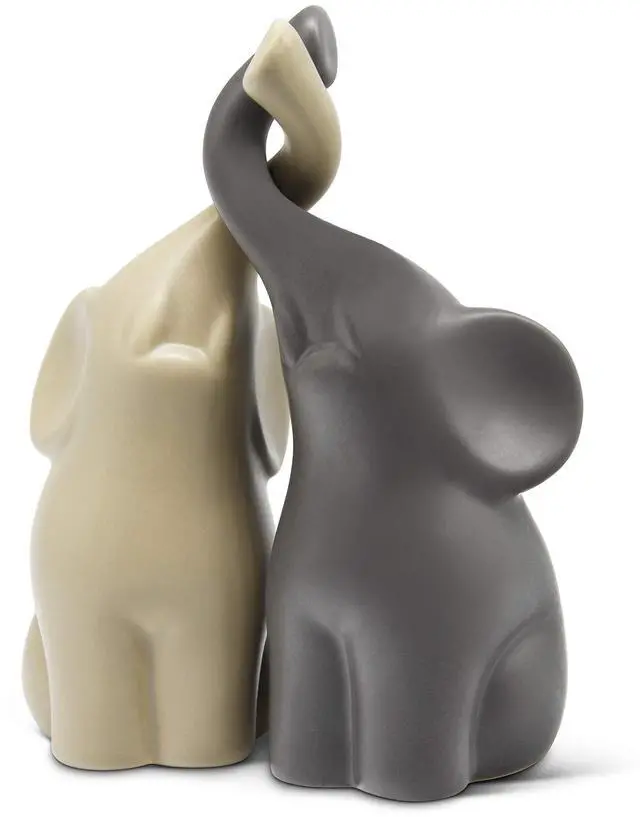 Main image of Loving Pair of Elephants in Beige & Grey - Modern Ceramic Sculpture - Figurine as a Set - Decoration Figure 6.3" high - Ornament Elephant in Love