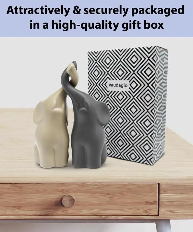 Alt view image 7 of 7 - Loving Pair of Elephants in Beige & Grey - Modern Ceramic Sculpture - Figurine as a Set - Decoration Figure 6.3" high - Ornament Elephant in Love