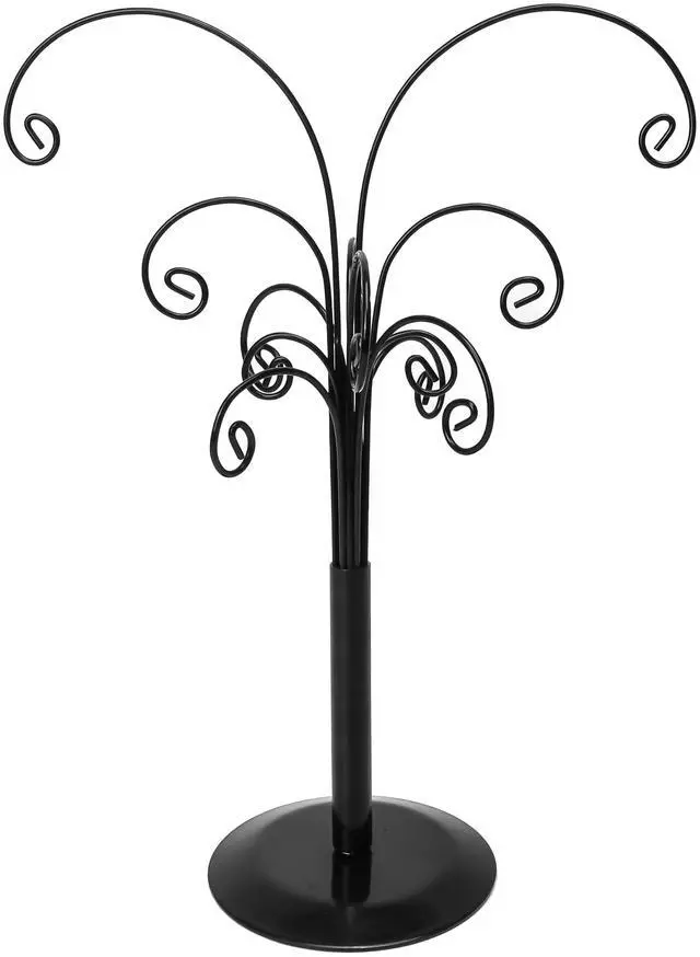 Main image of Ornament Tree Display Stand Wire Tree 10.6 Inch Black Rotating Wrought Iron Tabletop Holder with Multiple Hooks for Hanging Glass Ornaments, Balls, Jewelry, and Small Craft Items Decorative Rack