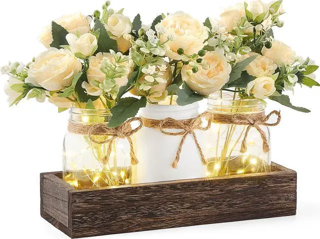 Main image of Mason Jar Lights Centerpiece Table Decor for Dining Room Farmhouse Wood Tray with 3 Jars Flowers Summer Decoration for Coffee Table Kitchen Living Room Wedding