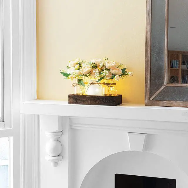 Alt view image 6 of 6 - Mason Jar Lights Centerpiece Table Decor for Dining Room Farmhouse Wood Tray with 3 Jars Flowers Summer Decoration for Coffee Table Kitchen Living Room Wedding