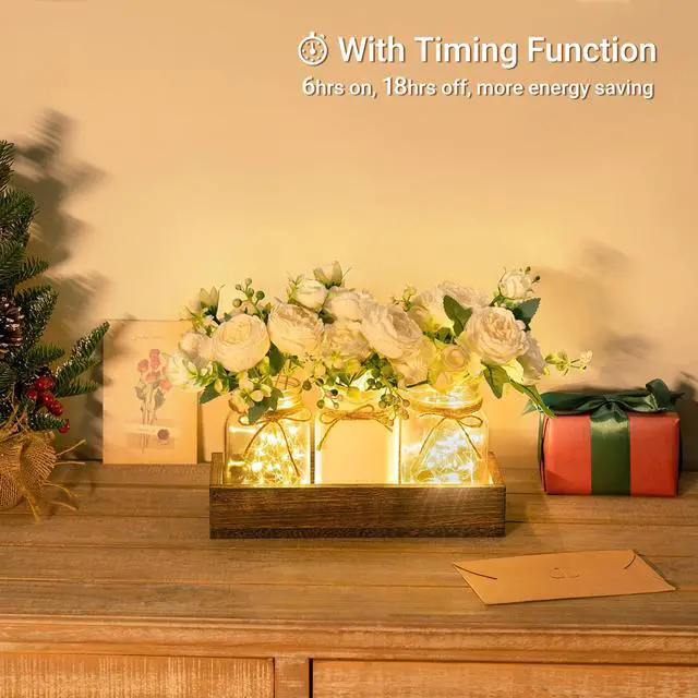 Alt view image 2 of 6 - Mason Jar Lights Centerpiece Table Decor for Dining Room Farmhouse Wood Tray with 3 Jars Flowers Summer Decoration for Coffee Table Kitchen Living Room Wedding