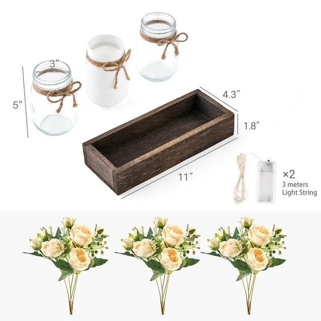 Alt view image 5 of 6 - Mason Jar Lights Centerpiece Table Decor for Dining Room Farmhouse Wood Tray with 3 Jars Flowers Summer Decoration for Coffee Table Kitchen Living Room Wedding