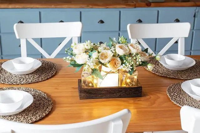 Alt view image 3 of 6 - Mason Jar Lights Centerpiece Table Decor for Dining Room Farmhouse Wood Tray with 3 Jars Flowers Summer Decoration for Coffee Table Kitchen Living Room Wedding