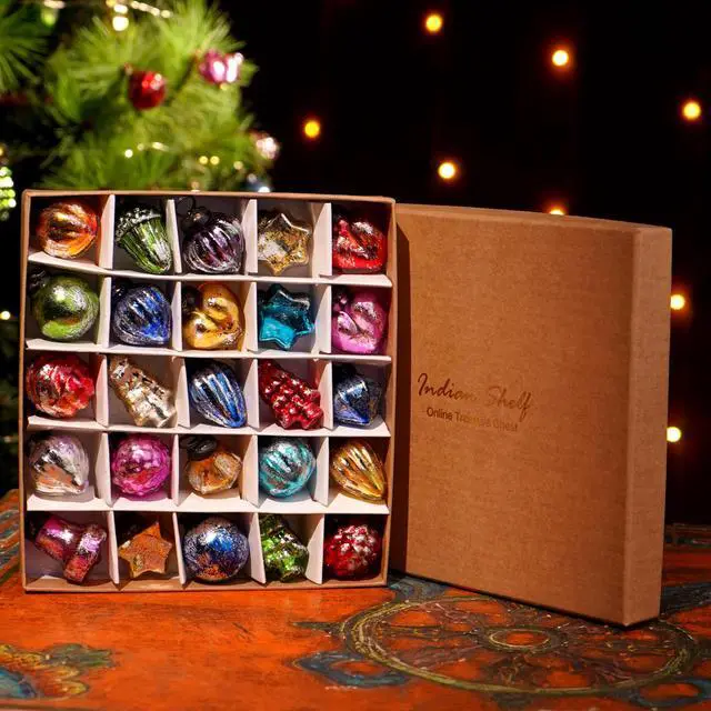 Alt view image 2 of 7 - 25 Piece Handcrafted Glass Vintage Ornaments with Gift Box- Vintage Christmas Tree Ornaments Set- Distress Mini Xmas Decor - Unique Retro Christmas Decorations Bulk, Reusable Holiday Decor