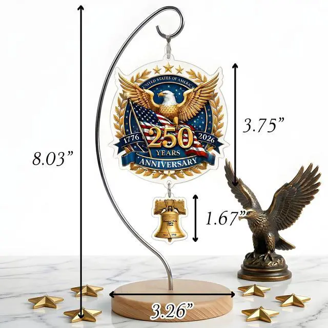 Alt view image 3 of 7 - USA 250th Anniversary Tabletop Decor with Wooden Stand, American Patriotic Home Decor, Liberty Bell Ornament, 250 Anniversary USA Merchandise, Independence Day Desk Decoration, Gift for US Citizens