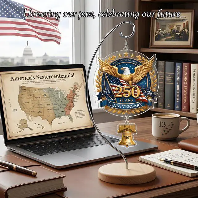 Alt view image 7 of 7 - USA 250th Anniversary Tabletop Decor with Wooden Stand, American Patriotic Home Decor, Liberty Bell Ornament, 250 Anniversary USA Merchandise, Independence Day Desk Decoration, Gift for US Citizens