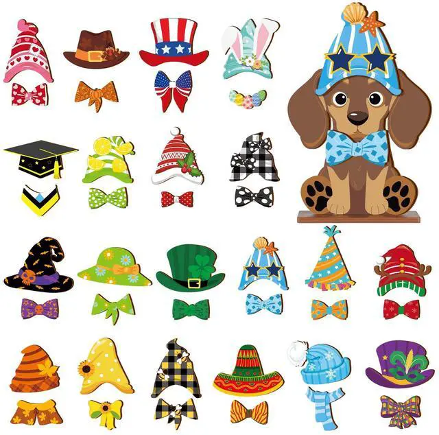 Main image of 42 Pcs Small Interchangeable Dog Sign Holiday Summer Decor Seasonal Table Centerpiece Farmhouse Rustic Magnetic Desk Accessories Wooden Home Office Room Welcome Tiered Tray Decoration Gifts
