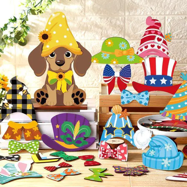 Alt view image 4 of 7 - 42 Pcs Small Interchangeable Dog Sign Holiday Summer Decor Seasonal Table Centerpiece Farmhouse Rustic Magnetic Desk Accessories Wooden Home Office Room Welcome Tiered Tray Decoration Gifts