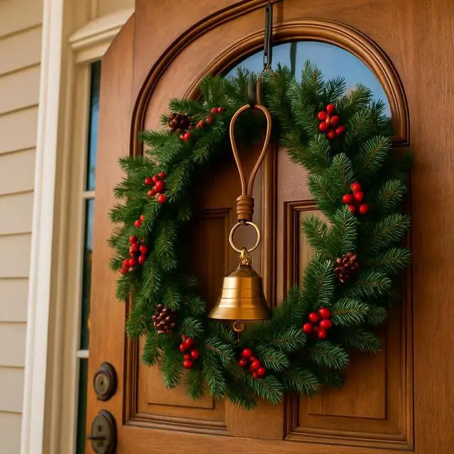 Alt view image 3 of 5 - Brass Hanging Bell for Door Knob, Vintage Gold Door Hanger Bell on Leather Rope, Small Entry Doorbell Chime for Front Door, Home Shop Garden & Christmas Decor (1)