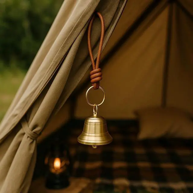 Alt view image 4 of 5 - Brass Hanging Bell for Door Knob, Vintage Gold Door Hanger Bell on Leather Rope, Small Entry Doorbell Chime for Front Door, Home Shop Garden & Christmas Decor (1)