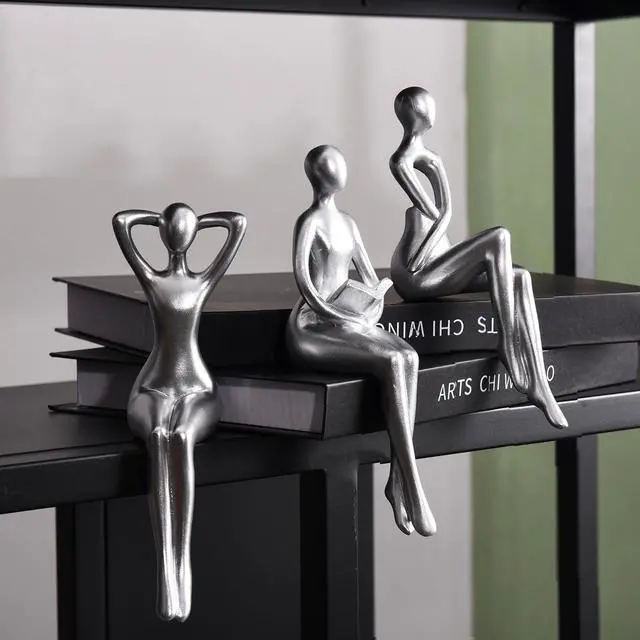 Main image of Thinker Statue Office Desk Decor, Silver Art Sculpture Ornament Coffee Table Bookshelf Decor Modern Home Unique Home Decorations for Living Room 3 Piece
