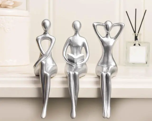 Alt view image 2 of 7 - Thinker Statue Office Desk Decor, Silver Art Sculpture Ornament Coffee Table Bookshelf Decor Modern Home Unique Home Decorations for Living Room 3 Piece