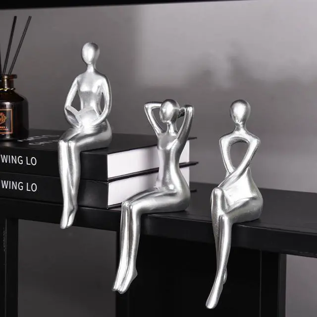 Alt view image 3 of 7 - Thinker Statue Office Desk Decor, Silver Art Sculpture Ornament Coffee Table Bookshelf Decor Modern Home Unique Home Decorations for Living Room 3 Piece