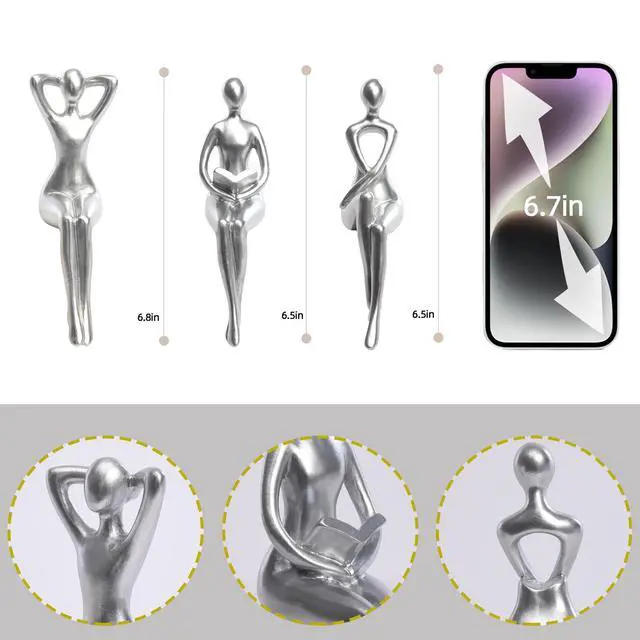 Alt view image 4 of 7 - Thinker Statue Office Desk Decor, Silver Art Sculpture Ornament Coffee Table Bookshelf Decor Modern Home Unique Home Decorations for Living Room 3 Piece