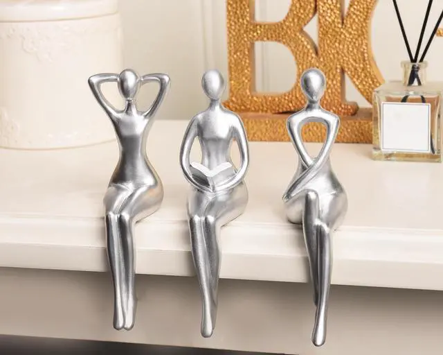 Alt view image 5 of 7 - Thinker Statue Office Desk Decor, Silver Art Sculpture Ornament Coffee Table Bookshelf Decor Modern Home Unique Home Decorations for Living Room 3 Piece