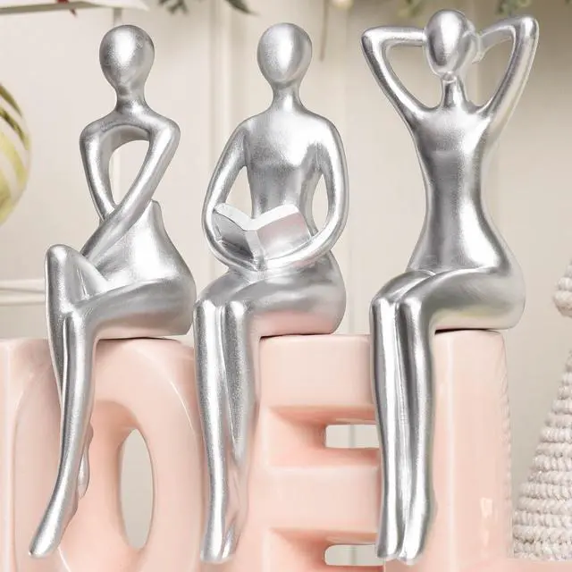 Alt view image 6 of 7 - Thinker Statue Office Desk Decor, Silver Art Sculpture Ornament Coffee Table Bookshelf Decor Modern Home Unique Home Decorations for Living Room 3 Piece