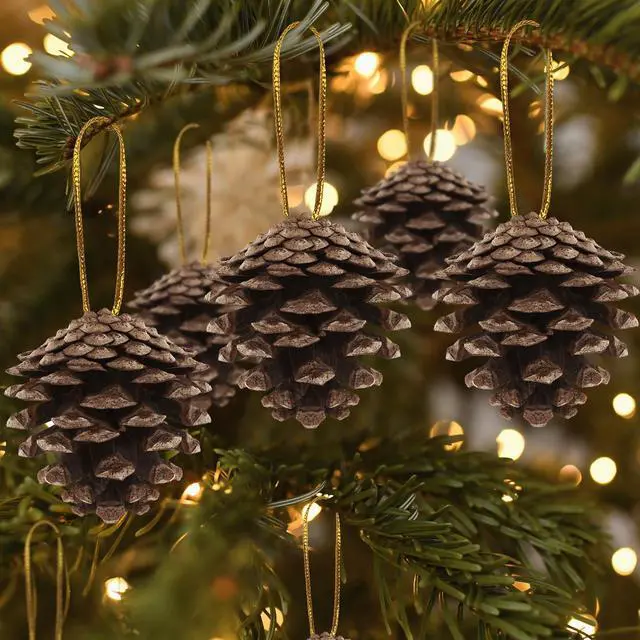 Alt view image 4 of 7 - 24 PCS Natural Pine Cones, 1.96 in Pinecone Ornaments, Rustic Pine Cones for Crafts, Winter Decorations for Home, Bulk Pines Cone with Gold String for Christmas Table Decor DIY Christmas Ornaments