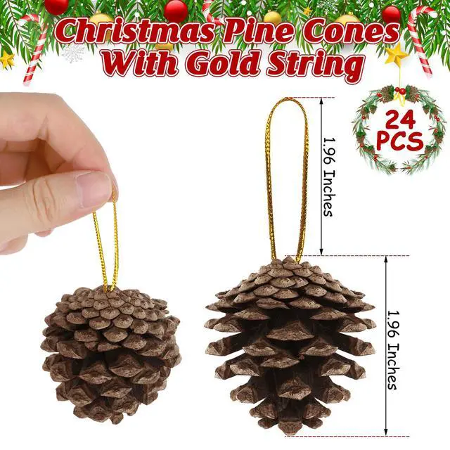 Alt view image 2 of 7 - 24 PCS Natural Pine Cones, 1.96 in Pinecone Ornaments, Rustic Pine Cones for Crafts, Winter Decorations for Home, Bulk Pines Cone with Gold String for Christmas Table Decor DIY Christmas Ornaments