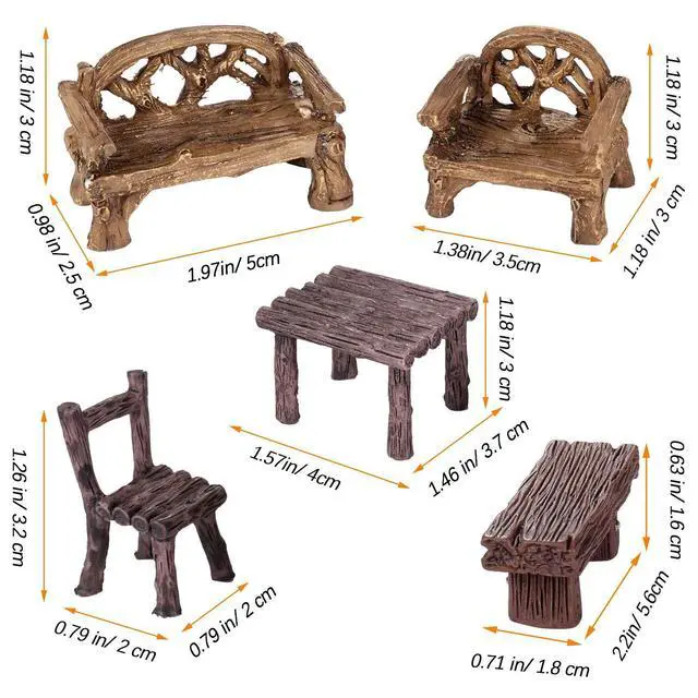Alt view image 2 of 6 - 12 Pieces Garden Furniture Ornaments Miniature Table and Chairs Set Village Micro Resin Bench Chair for Fairy Garden Accessories Home Micro Landscape Decor(Vintage Style)