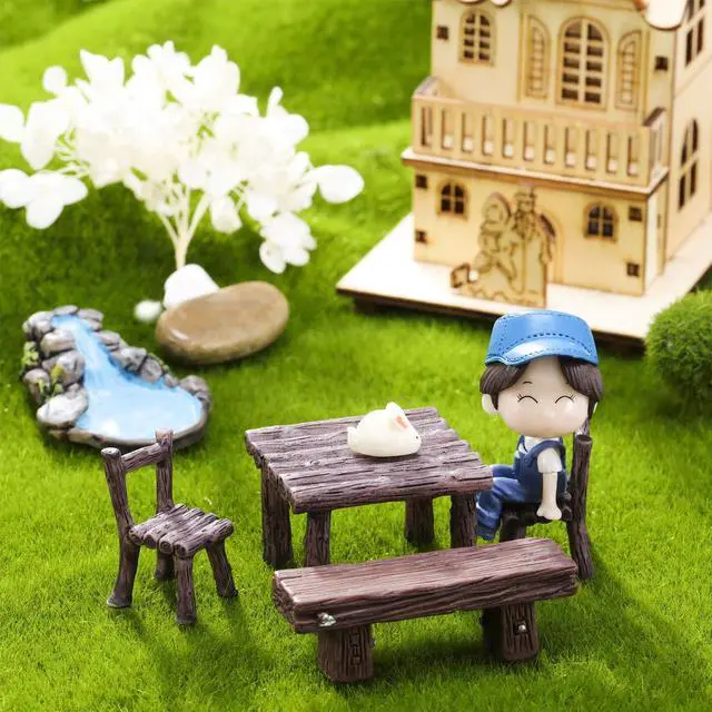 Alt view image 3 of 6 - 12 Pieces Garden Furniture Ornaments Miniature Table and Chairs Set Village Micro Resin Bench Chair for Fairy Garden Accessories Home Micro Landscape Decor(Vintage Style)