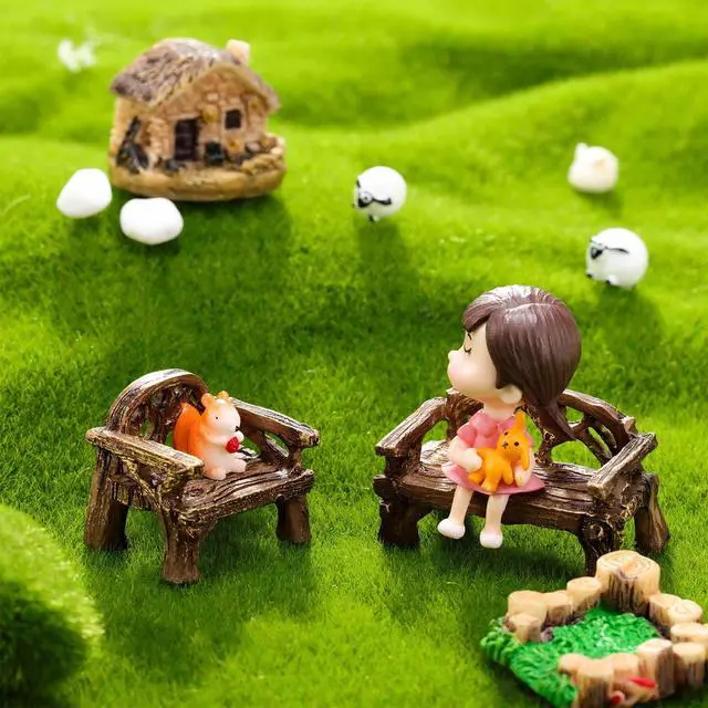 Alt view image 4 of 6 - 12 Pieces Garden Furniture Ornaments Miniature Table and Chairs Set Village Micro Resin Bench Chair for Fairy Garden Accessories Home Micro Landscape Decor(Vintage Style)