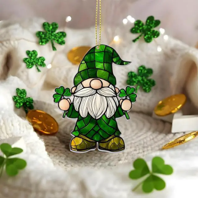 Alt view image 2 of 7 - Green Lucky Gnome Hanging Ornament Acrylic Irish Inspired Holiday Decor for Home Window Wall Door Small Tree Wreath Festive Seasonal Decoration Cute Shamrock Gift