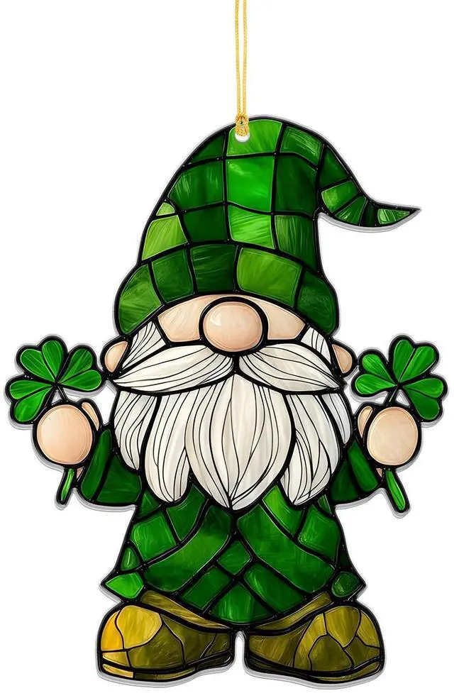 Main image of Green Lucky Gnome Hanging Ornament Acrylic Irish Inspired Holiday Decor for Home Window Wall Door Small Tree Wreath Festive Seasonal Decoration Cute Shamrock Gift
