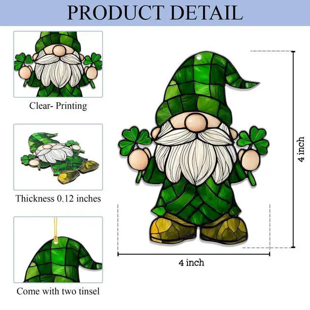 Alt view image 6 of 7 - Green Lucky Gnome Hanging Ornament Acrylic Irish Inspired Holiday Decor for Home Window Wall Door Small Tree Wreath Festive Seasonal Decoration Cute Shamrock Gift